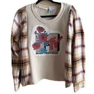 MTV Floral Graphic Plaid Sleeve Sweatshirt - Upcycled